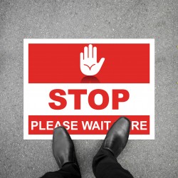 Social Distancing Floor Decal - STOP Please Wait Here Round